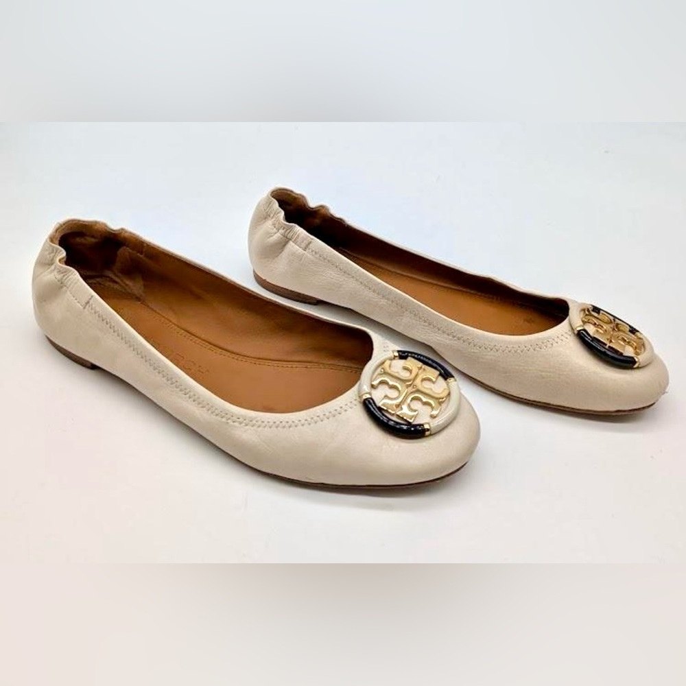 Tory Burch Minnie Travel Ballet Flats Cream Leather Logo Women's Size 8.5M